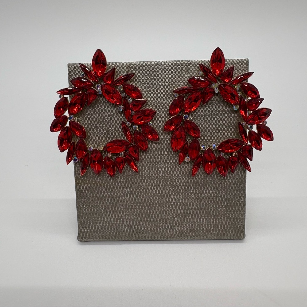 Red And AB Crystal Wreath Circle Bridal Prom Pageant Earrings in Gold Tone